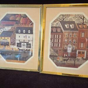 Set of 2 Framed & Matted Wysocki prints. Village square & City Street.